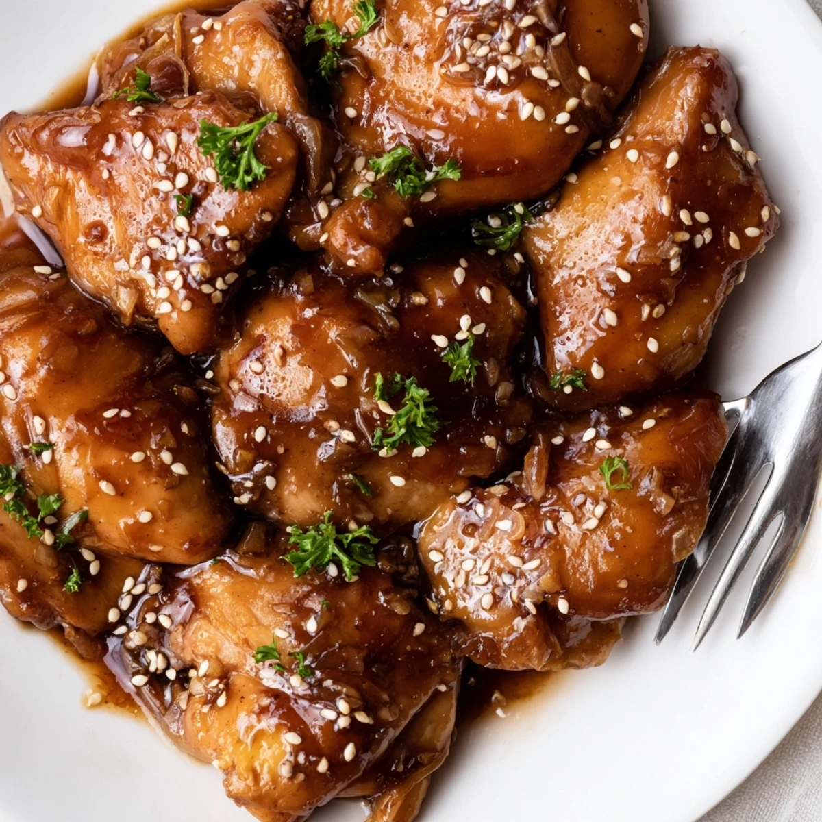 Crockpot Honey Garlic Chicken with glossy sticky sauce, served over rice.