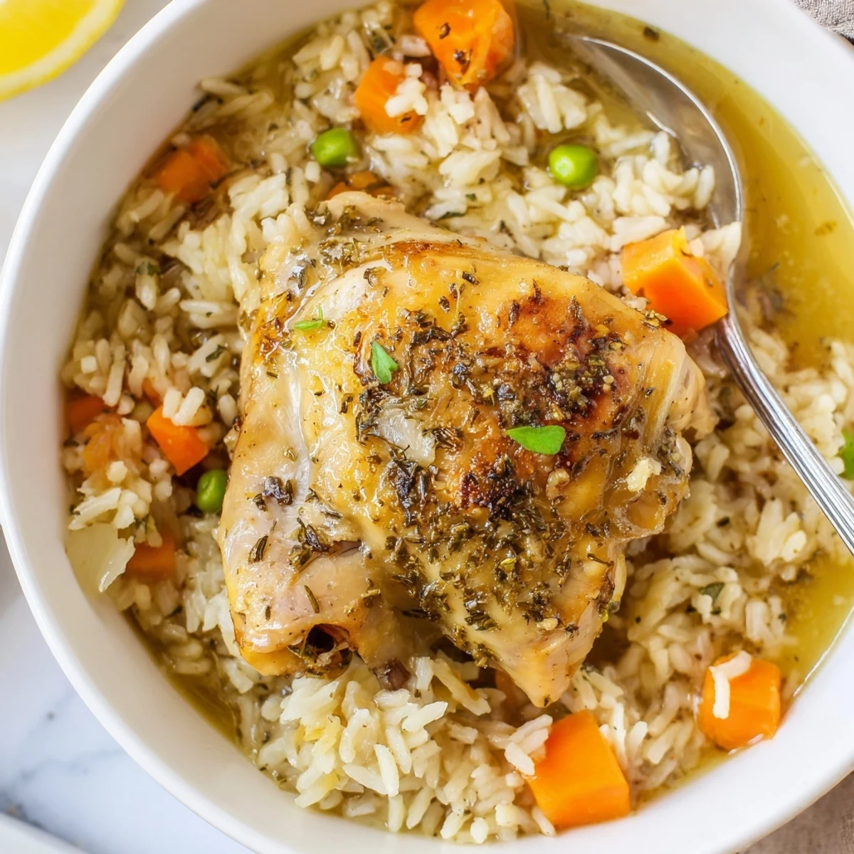 Slow Cooker Lemon Herb Chicken And Rice steaming with bright lemon aroma