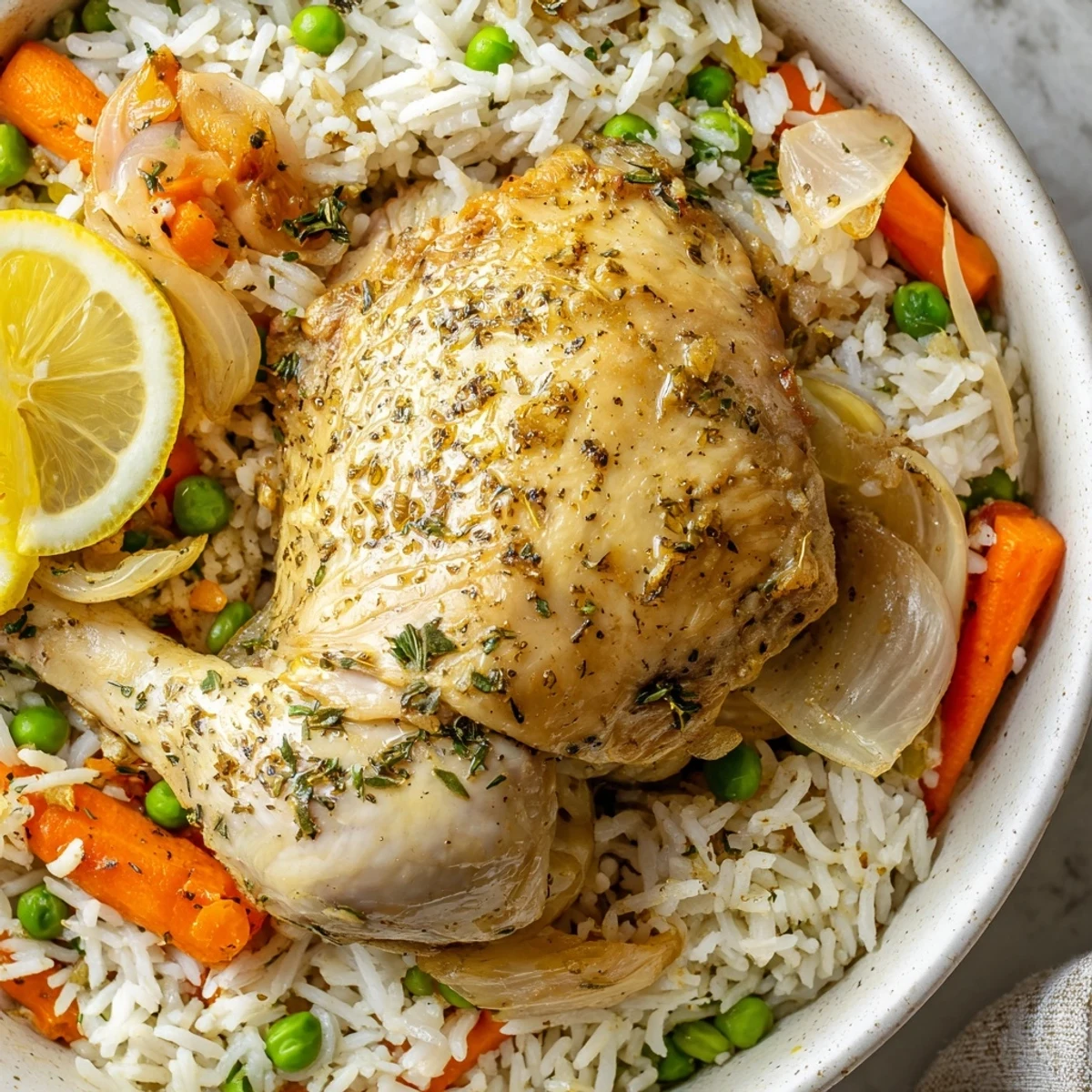 Family gathering plate of Slow Cooker Lemon Herb Chicken And Rice garnished with parsley