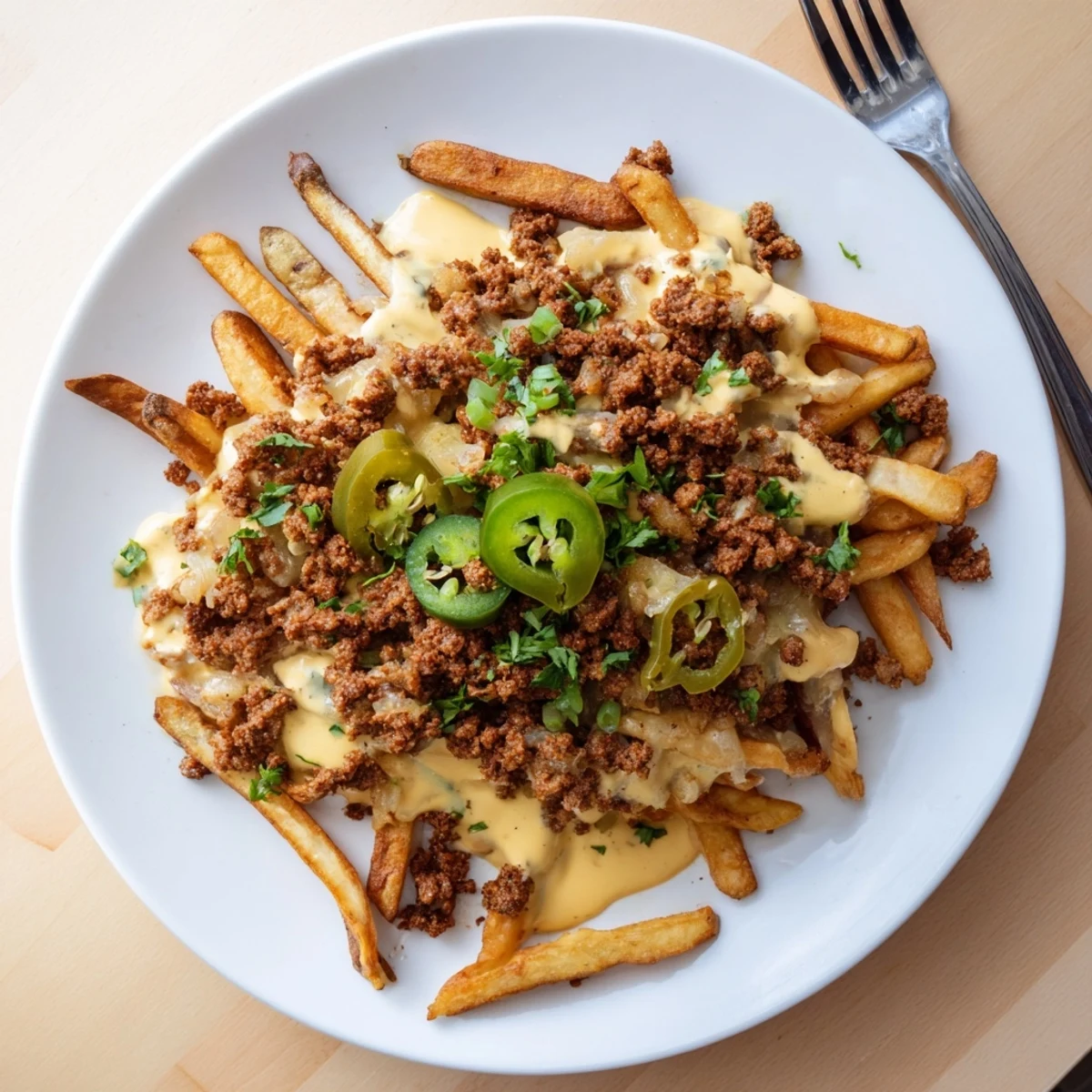 Crispy oven baked Chorizo Queso Dip Fries topped with cilantro and sliced jalapeño