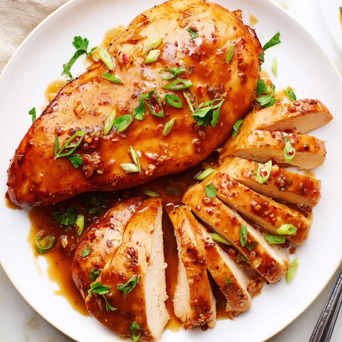 Plate of Slow Cooker Brown Sugar Garlic Chicken garnished with parsley, sweet-savory aroma