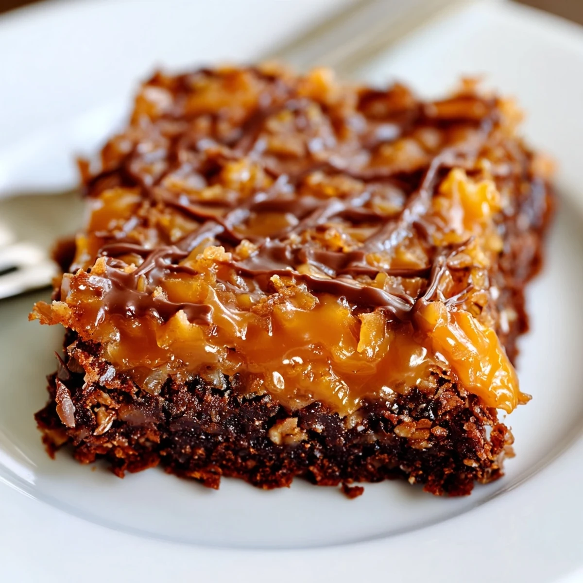 Samoa Brownies sliced into squares, gooey caramel layer and crisp coconut