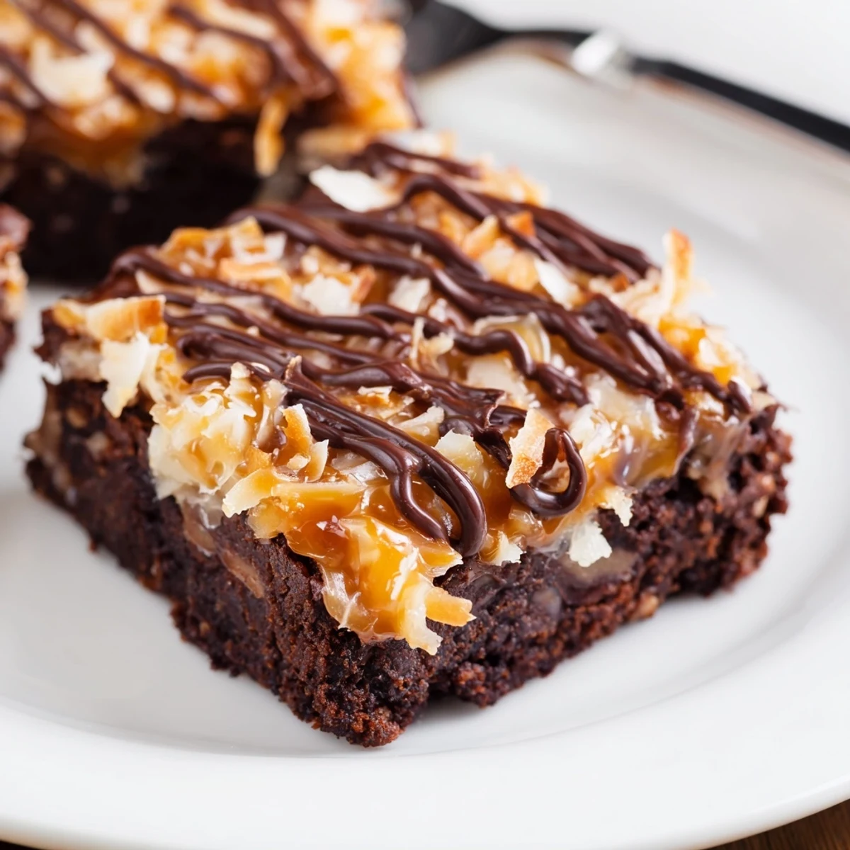 Warm Samoa Brownies drizzled with melted chocolate, perfect with cold milk