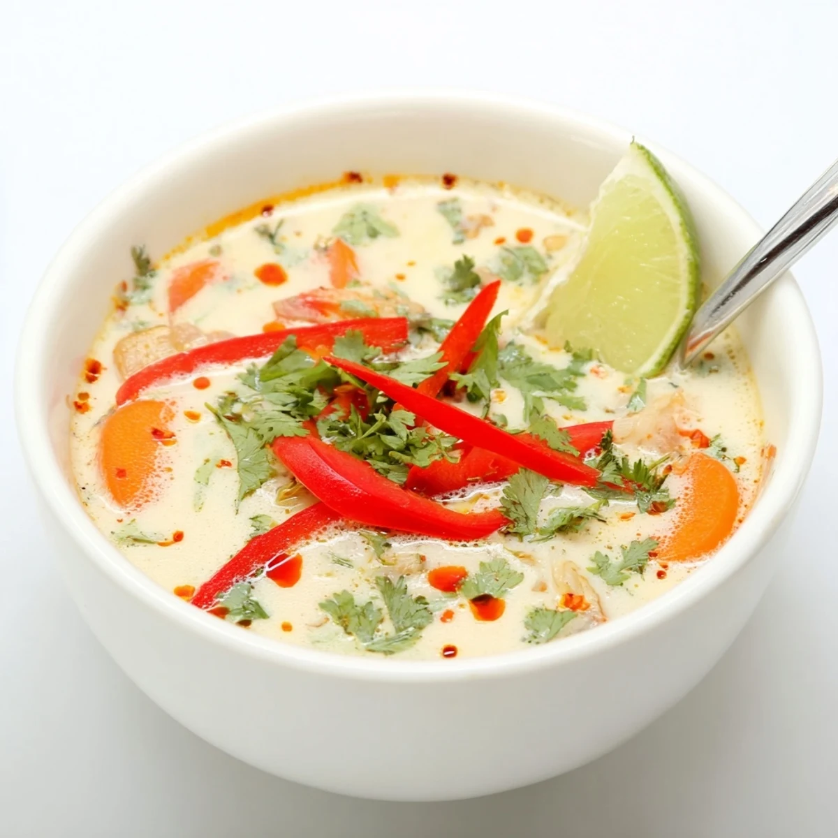 A bowl of Ginger Lemongrass Coconut Soup, creamy, silky texture with chili oil drizzle