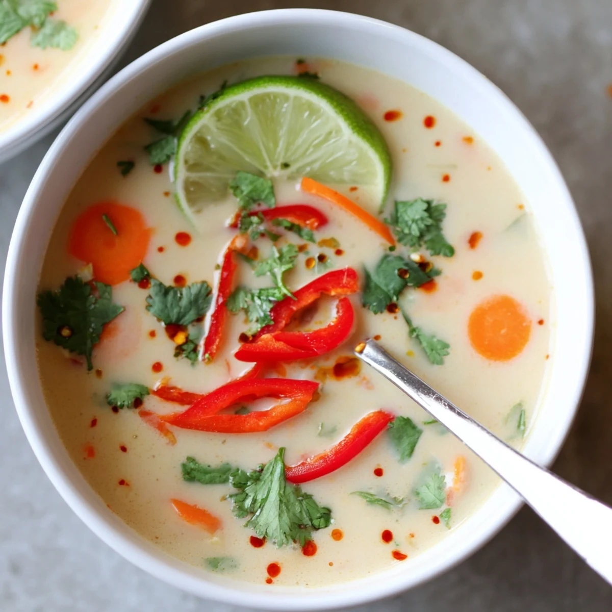 Ginger Lemongrass Coconut Soup ladled over rice noodles, bright ginger aroma, comforting warmth