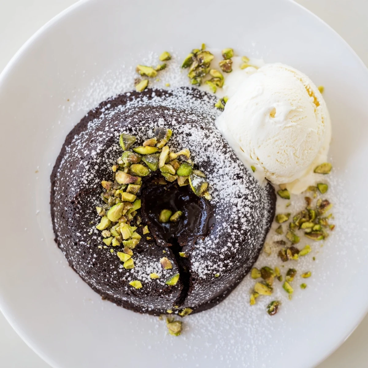 Warm pistachio chocolate lava cakes with molten centers flowing onto white plates