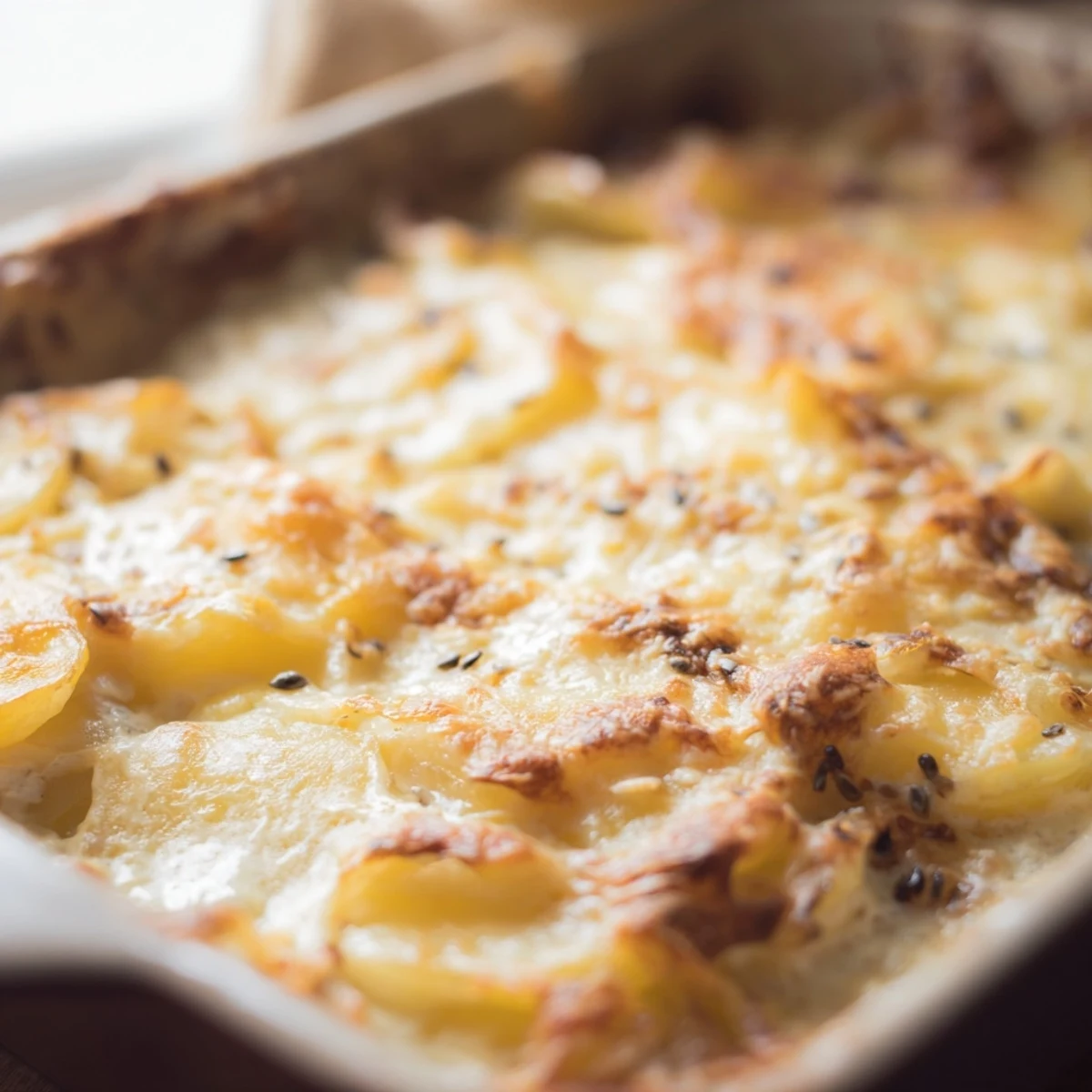 Creamy potato slices baked with aromatic nigella seeds in a bubbling golden cheese topping