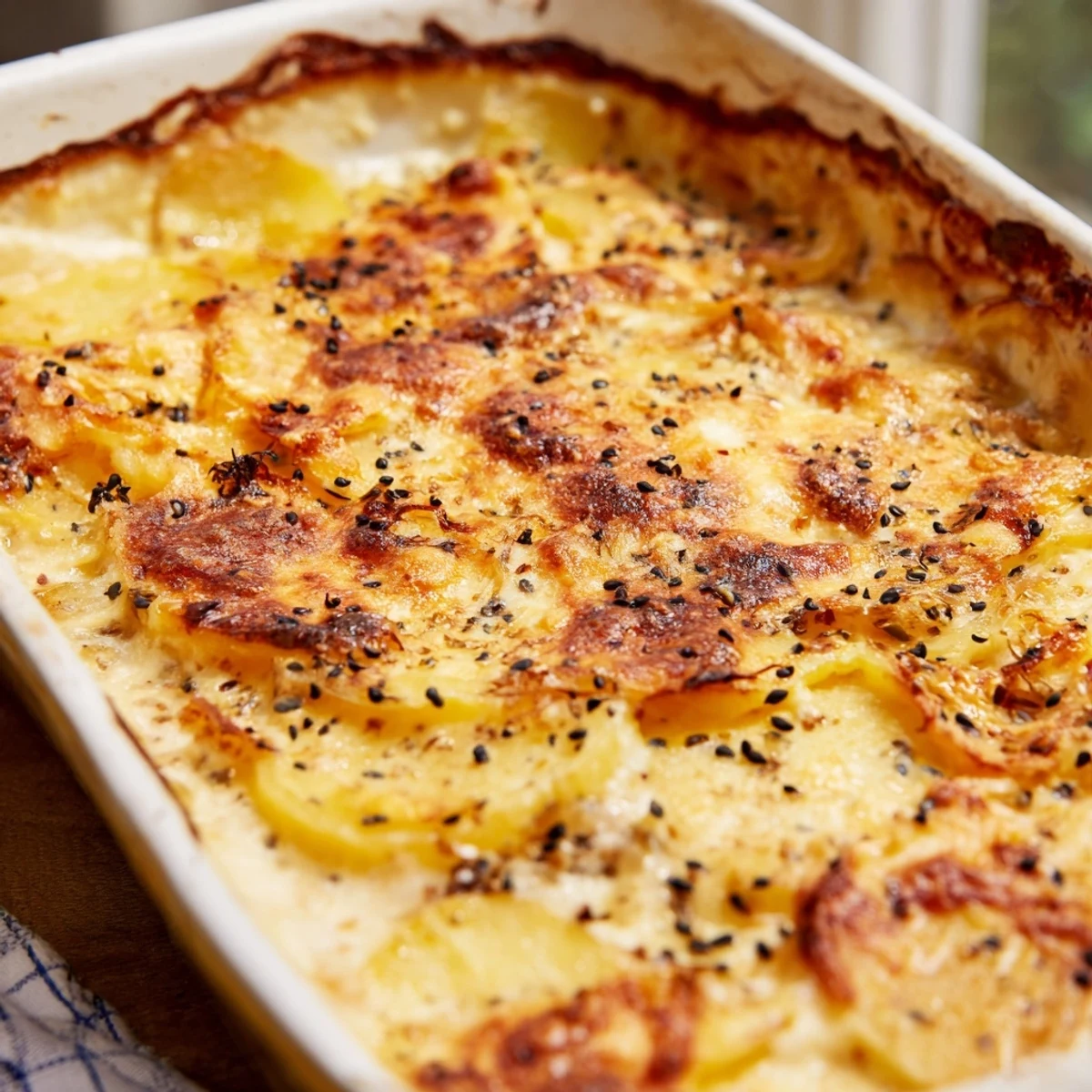 Savory potato gratin scattered with black nigella seeds under a crispy Gruyère cheese crust