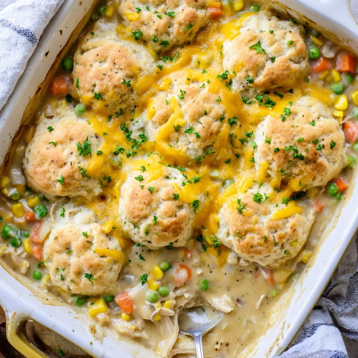 Savory Cheddar Bay Chicken Cobbler casserole featuring garlic cheddar biscuits and tender vegetables in rich sauce