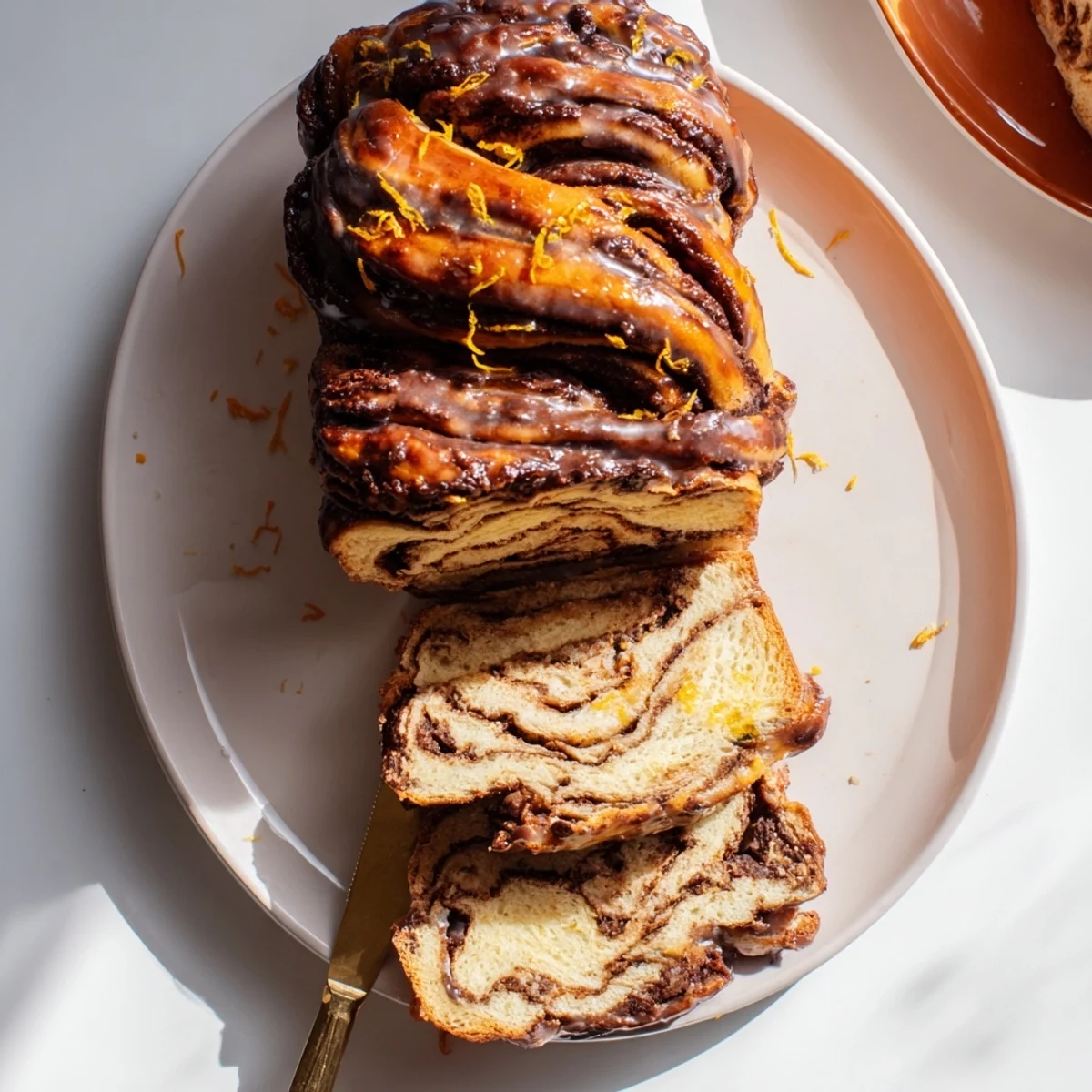 Golden orange glazed chocolate babka loaf with glossy drizzle and visible chocolate swirls