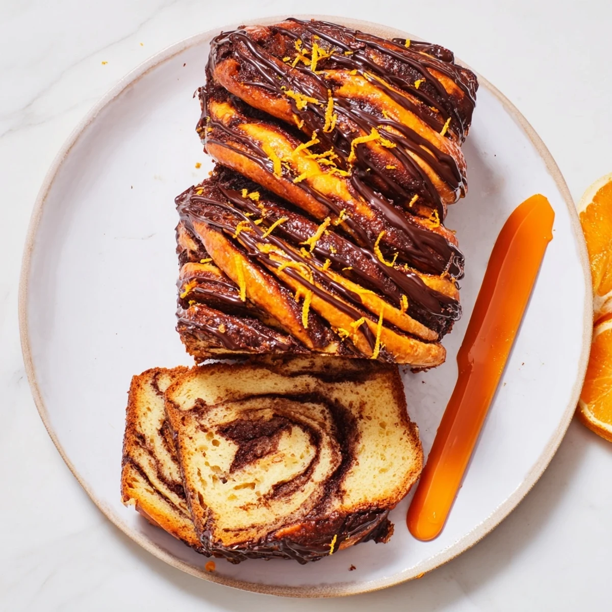 Sliced orange glazed chocolate babka revealing rich chocolate marble layers on serving plate