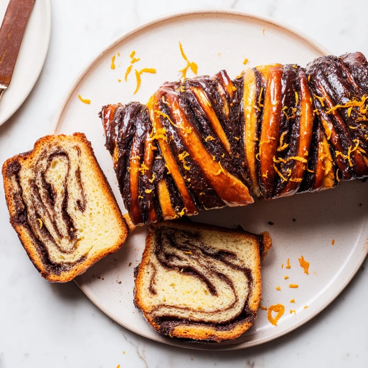 Freshly baked orange glazed chocolate babka with glossy citrus topping and twisted chocolate center