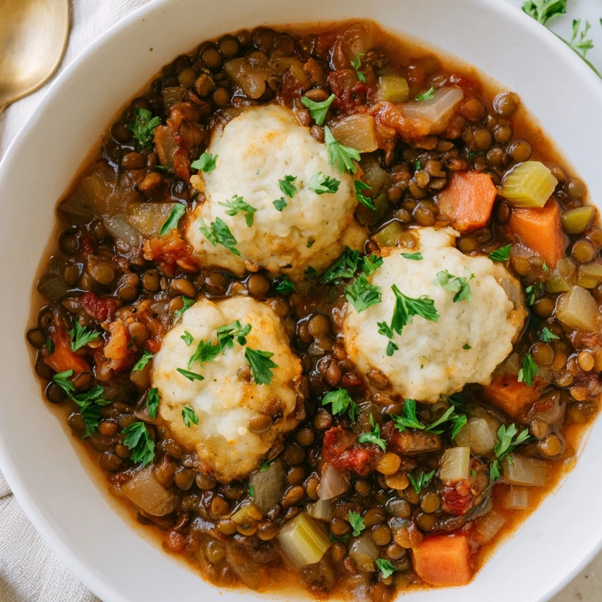 Golden brown fluffy dumplings steam atop rich vegetable lentils with dumplings in a rustic pot