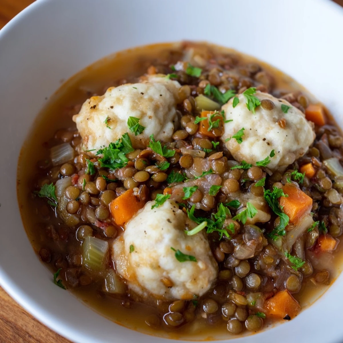 Hearty lentils with dumplings simmer with carrots and celery under pillowy steamed biscuit toppings