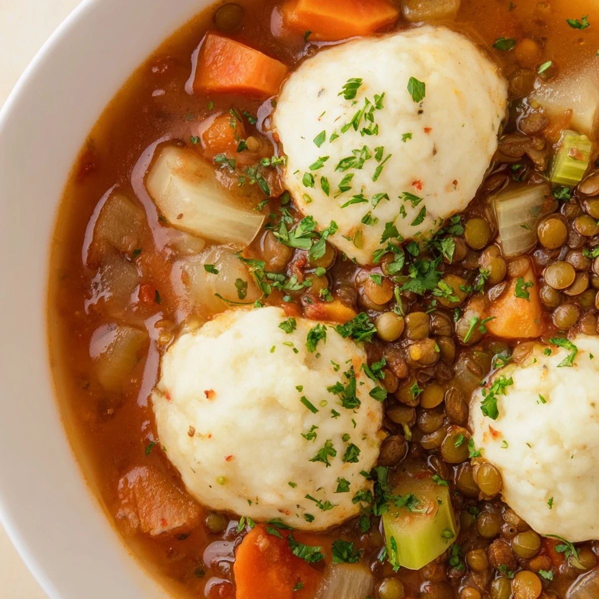 Savory lentils with dumplings feature tender lentils stew with aromatic herbs and soft baked dough balls