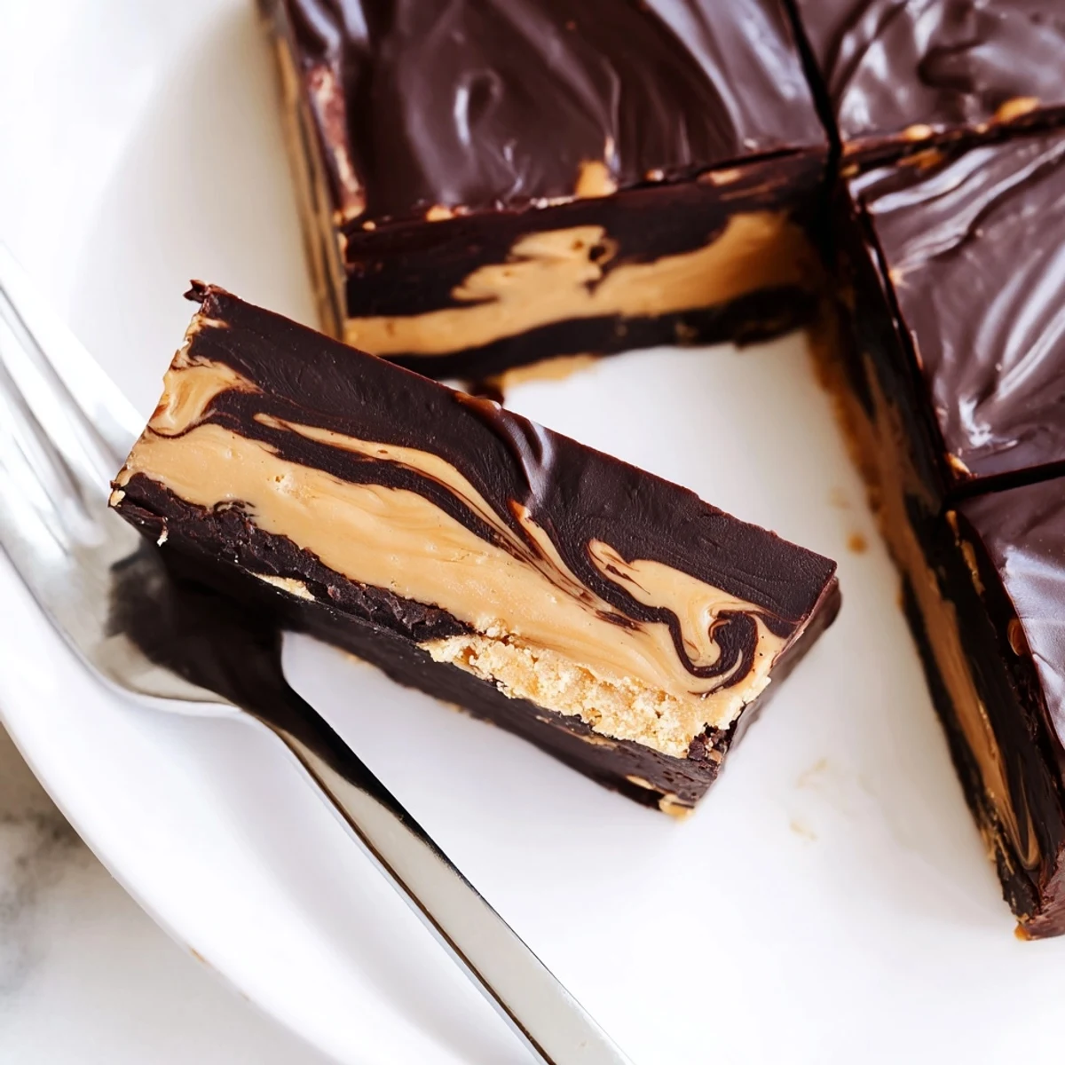 No-bake peanut butter bars displayed on a white plate with rich chocolate layer and smooth texture