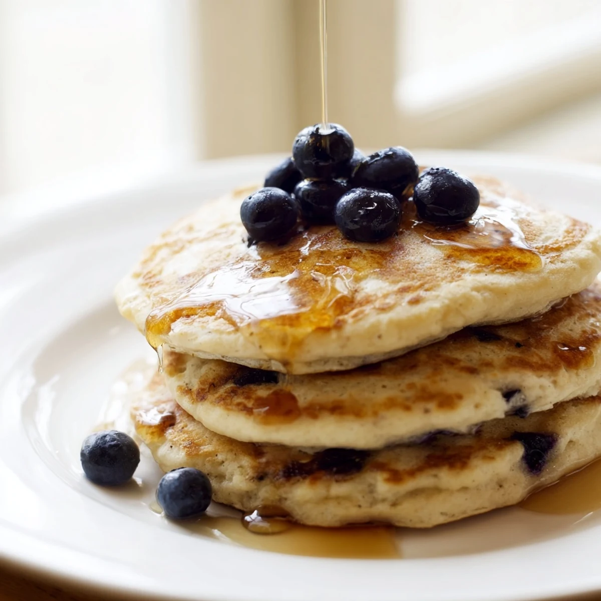 Homemade protein banana pancakes stacked high with ripe banana rounds and a side of fresh berries