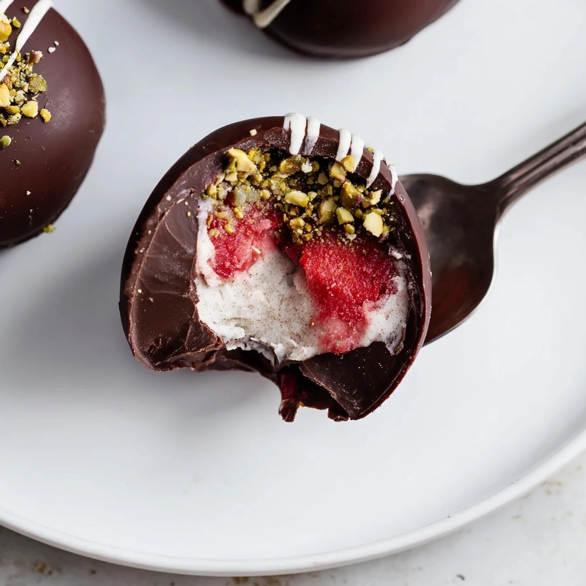 Close up of Strawberry Bombs with dark chocolate shell and soft filling