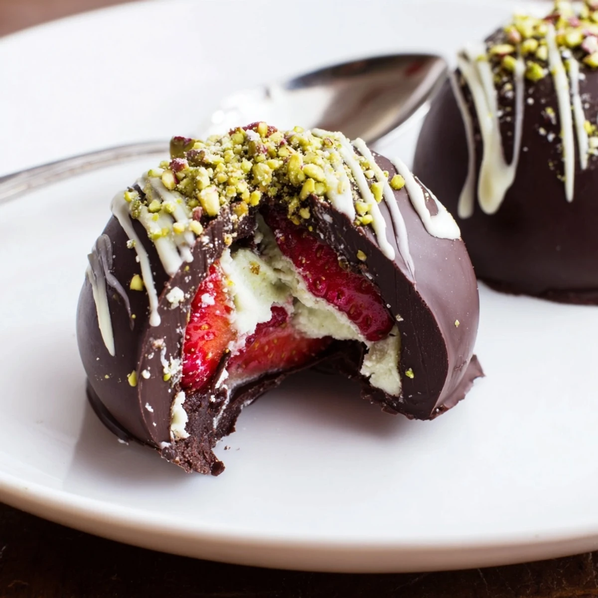 Freshly filled Strawberry Bombs sprinkled with pistachios, ready to serve at parties