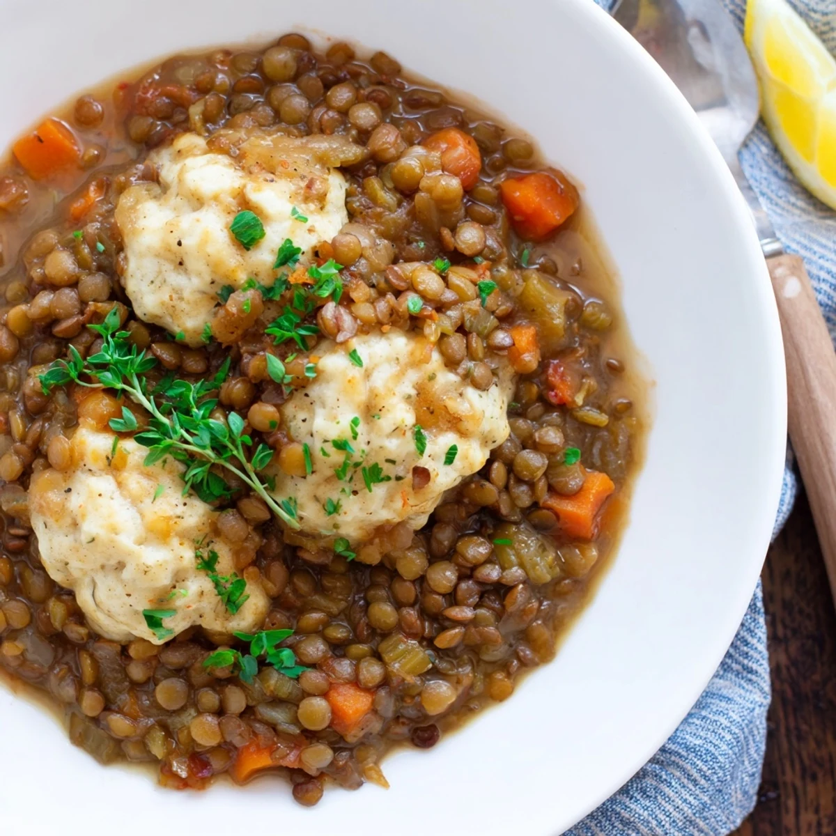Lentils With Dumplings simmering in savory broth, fluffy pillows of dough steaming