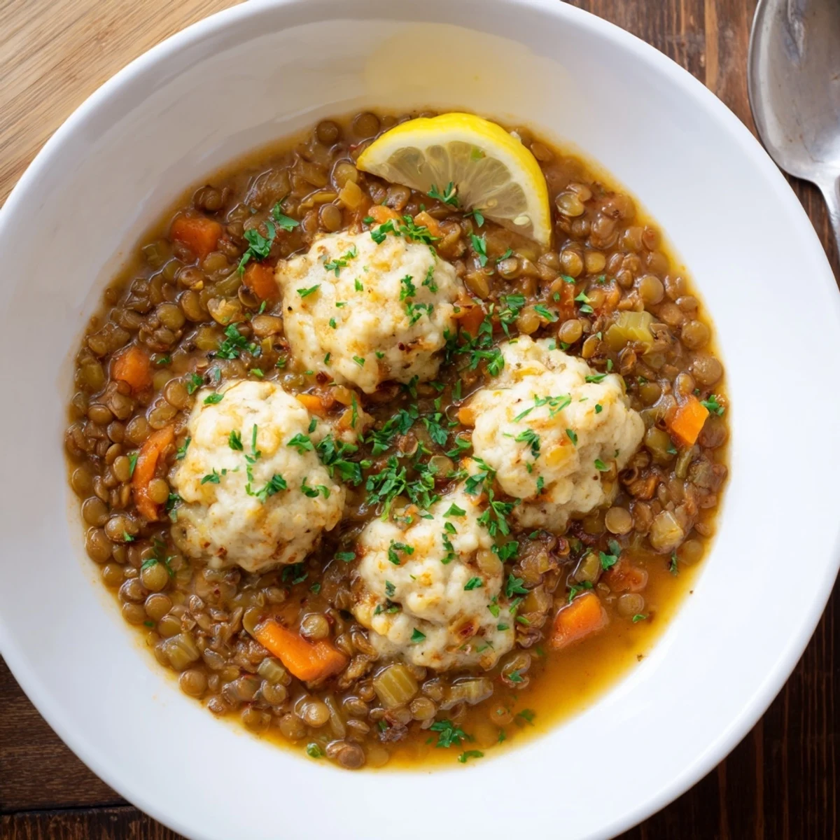 Spoon lifting Lentils With Dumplings, steam rising, herb flecked and comforting