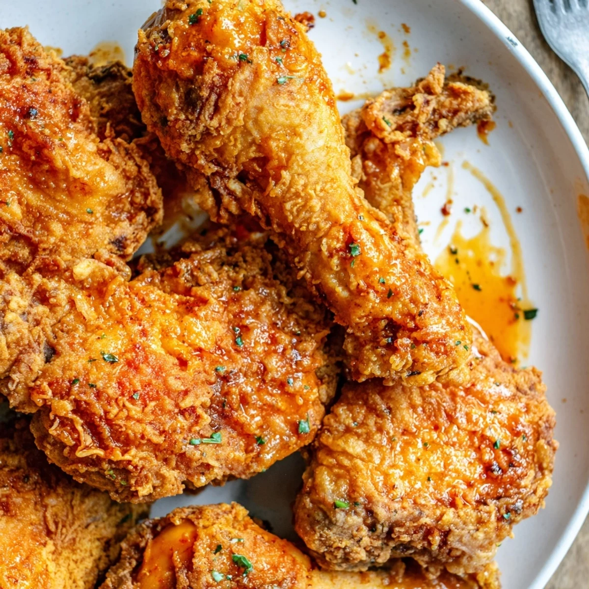 Spicy Honey Butter Fried Chicken piled on plate, glossy glaze and crispy skin