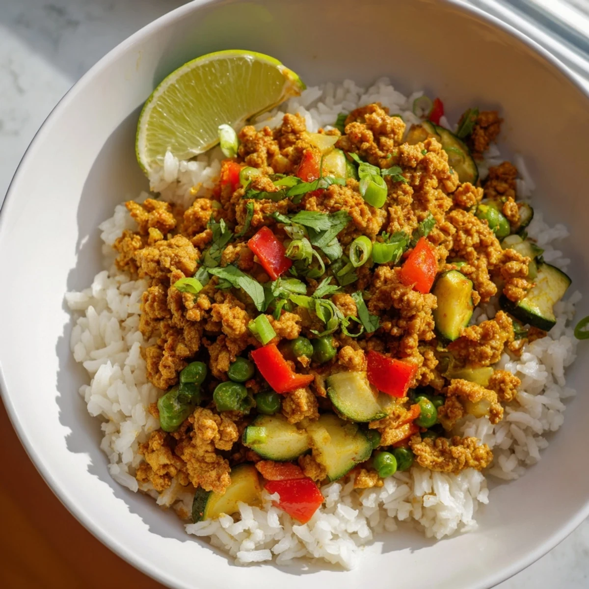 Spiced turkey rice bowls with colorful bell peppers and cilantro garnish