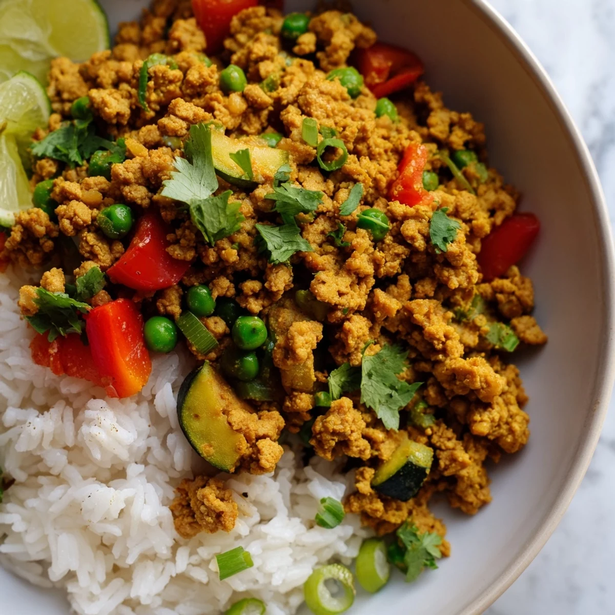 Warm spiced turkey rice bowls topped with fresh lime and spring onions