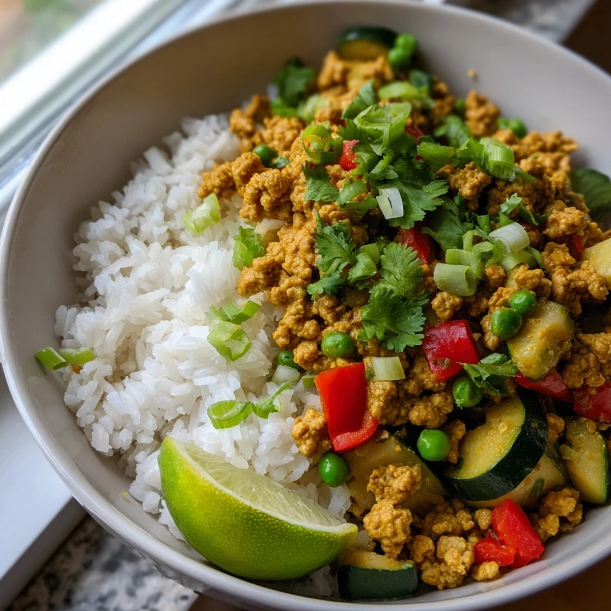Golden spiced turkey rice bowls served over fluffy white rice with vegetables