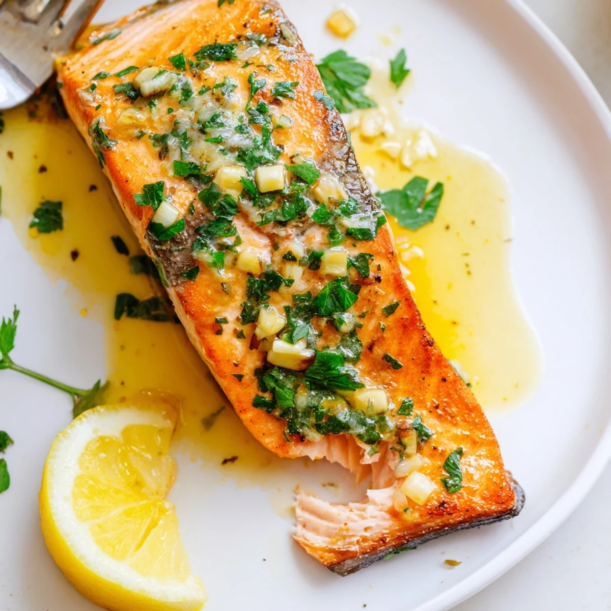 Crispy-skinned garlic butter salmon drizzled with pan sauce and fresh parsley
