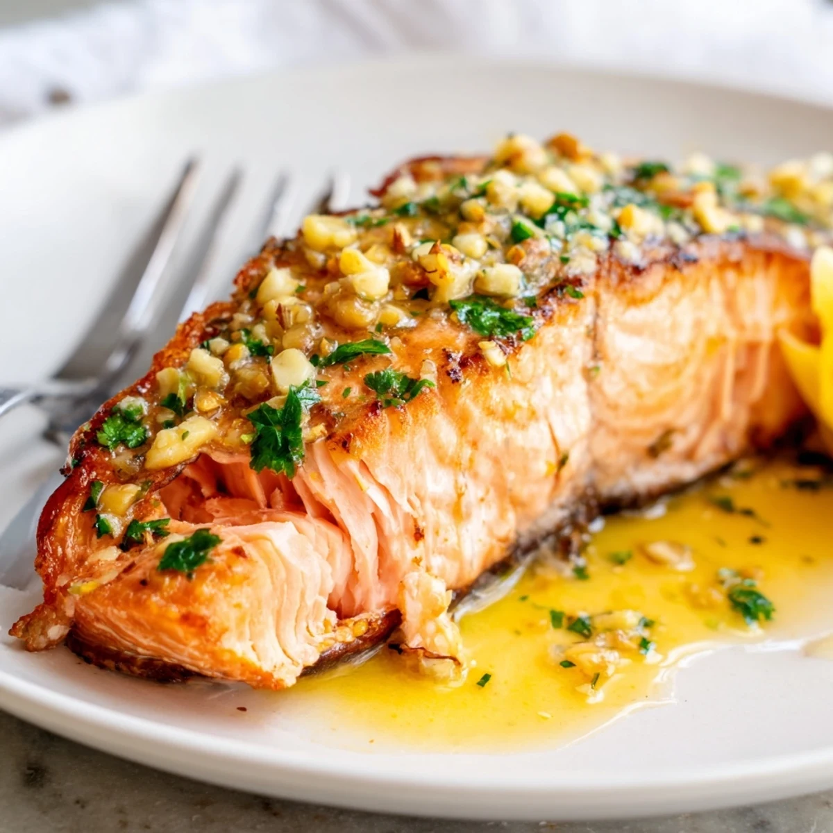 Tender garlic butter salmon plated with lemon wedges, ready to serve immediately