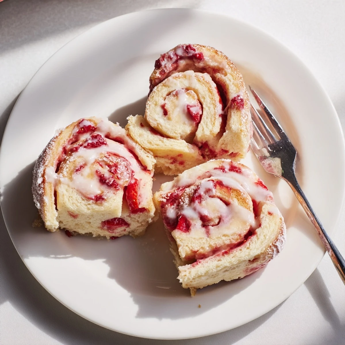 Soft pillowy strawberry cheesecake rolls swirled with creamy filling and juicy berries