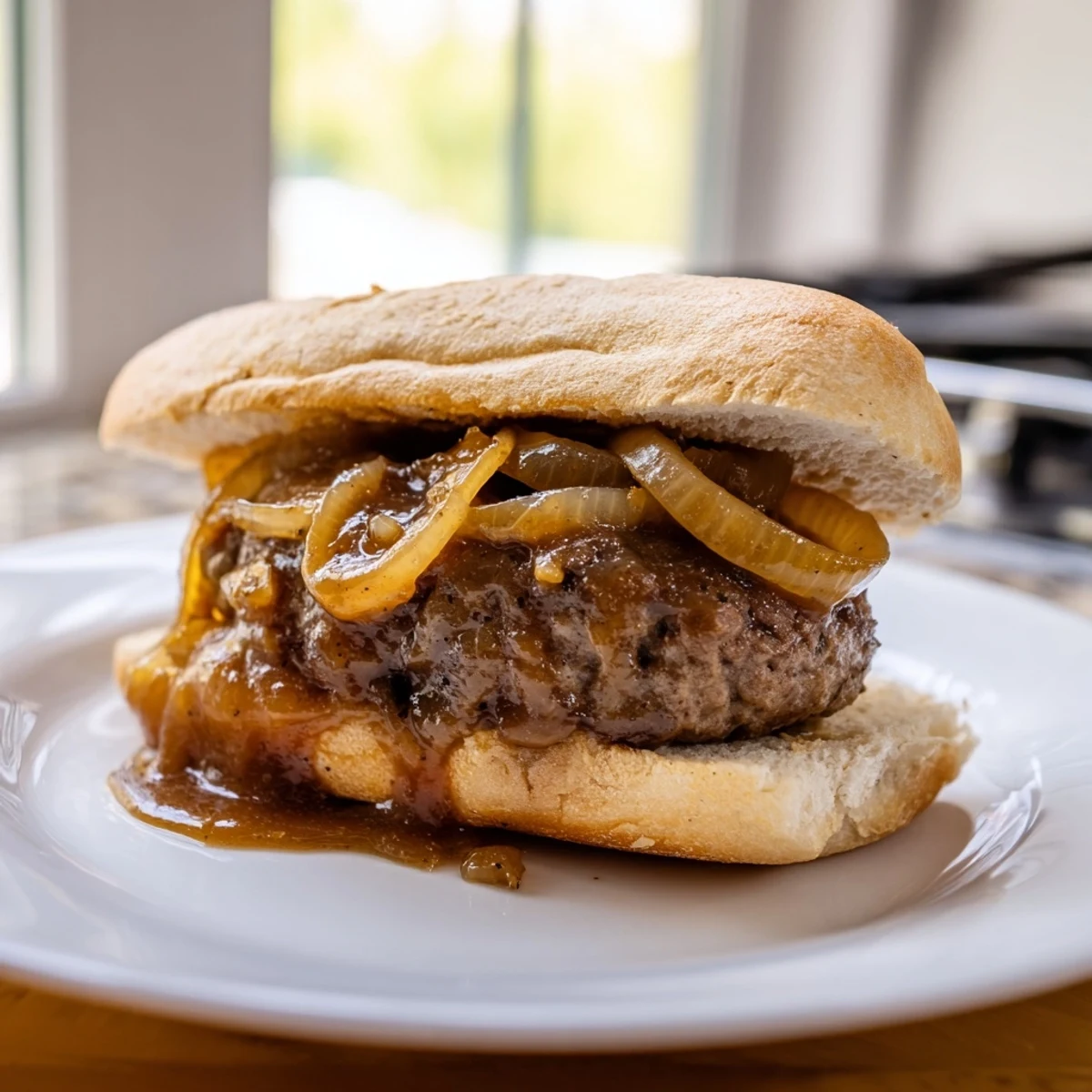 Golden burger patties nestled in soft buns covered in thick caramelized onion gravy for a hearty dinner