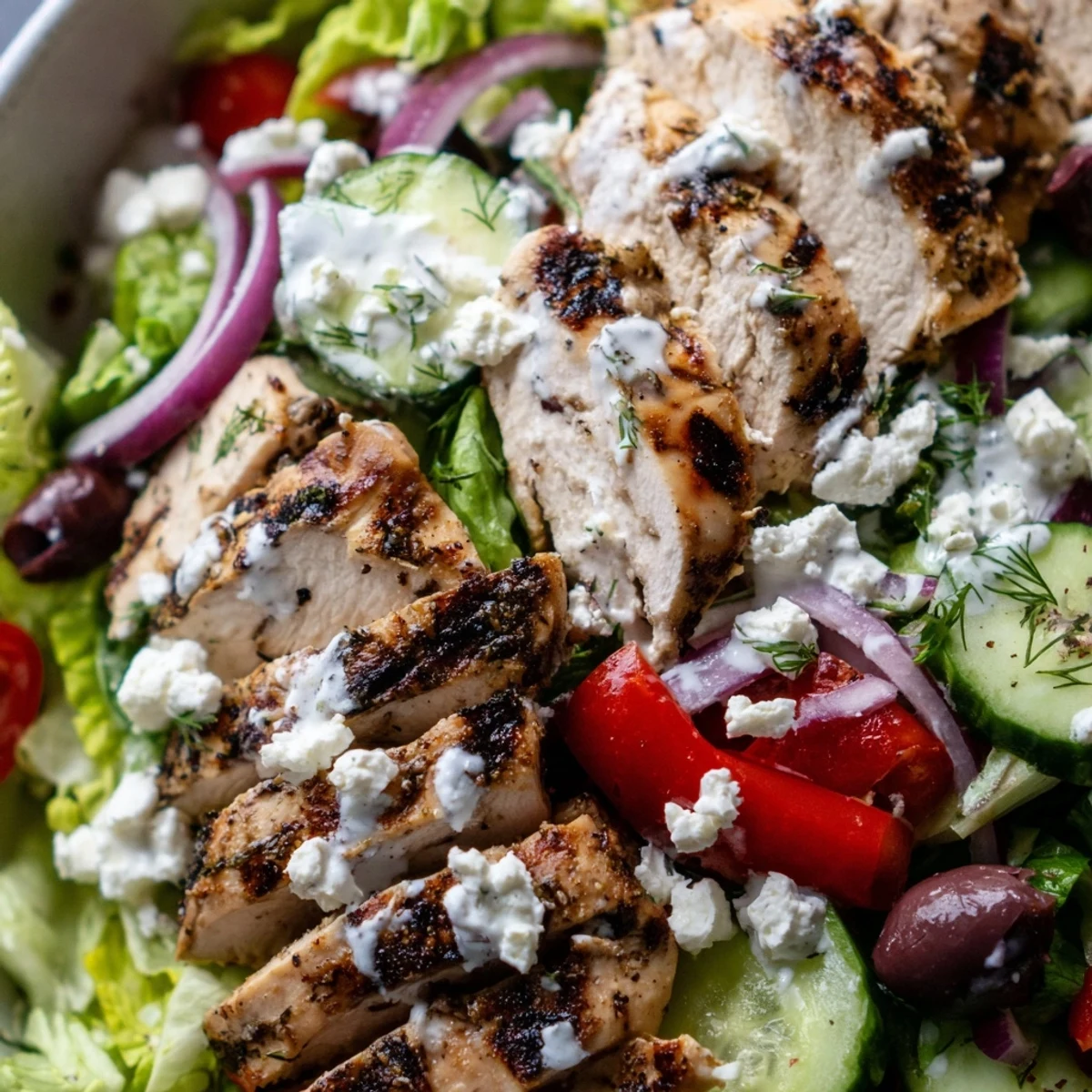 Crisp romaine topped with sliced chicken and tangy whipped feta dressing Mediterranean style