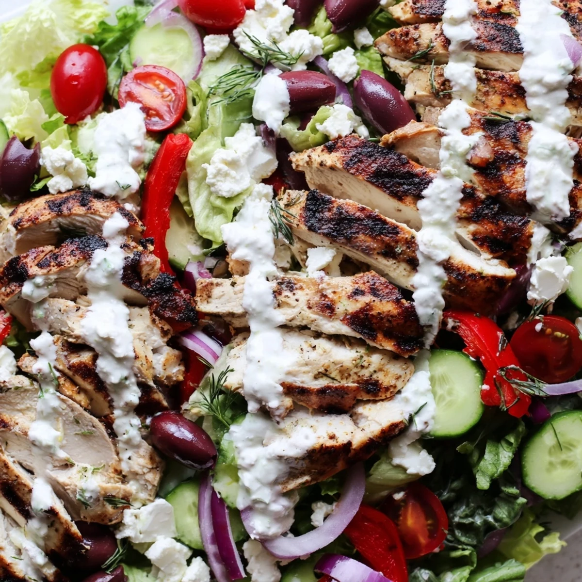 Colorful Mediterranean Greek chicken salad featuring kalamata olives tomatoes and fluffy feta dressing
