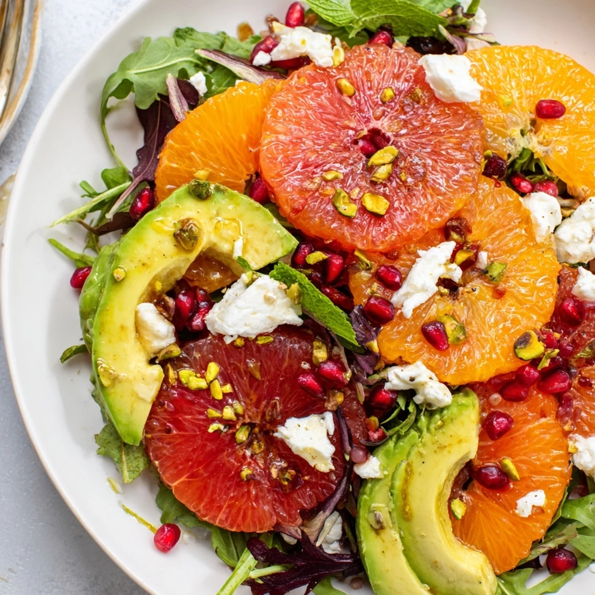 Juicy orange and grapefruit segments topped with creamy avocado and crumbled feta cheese