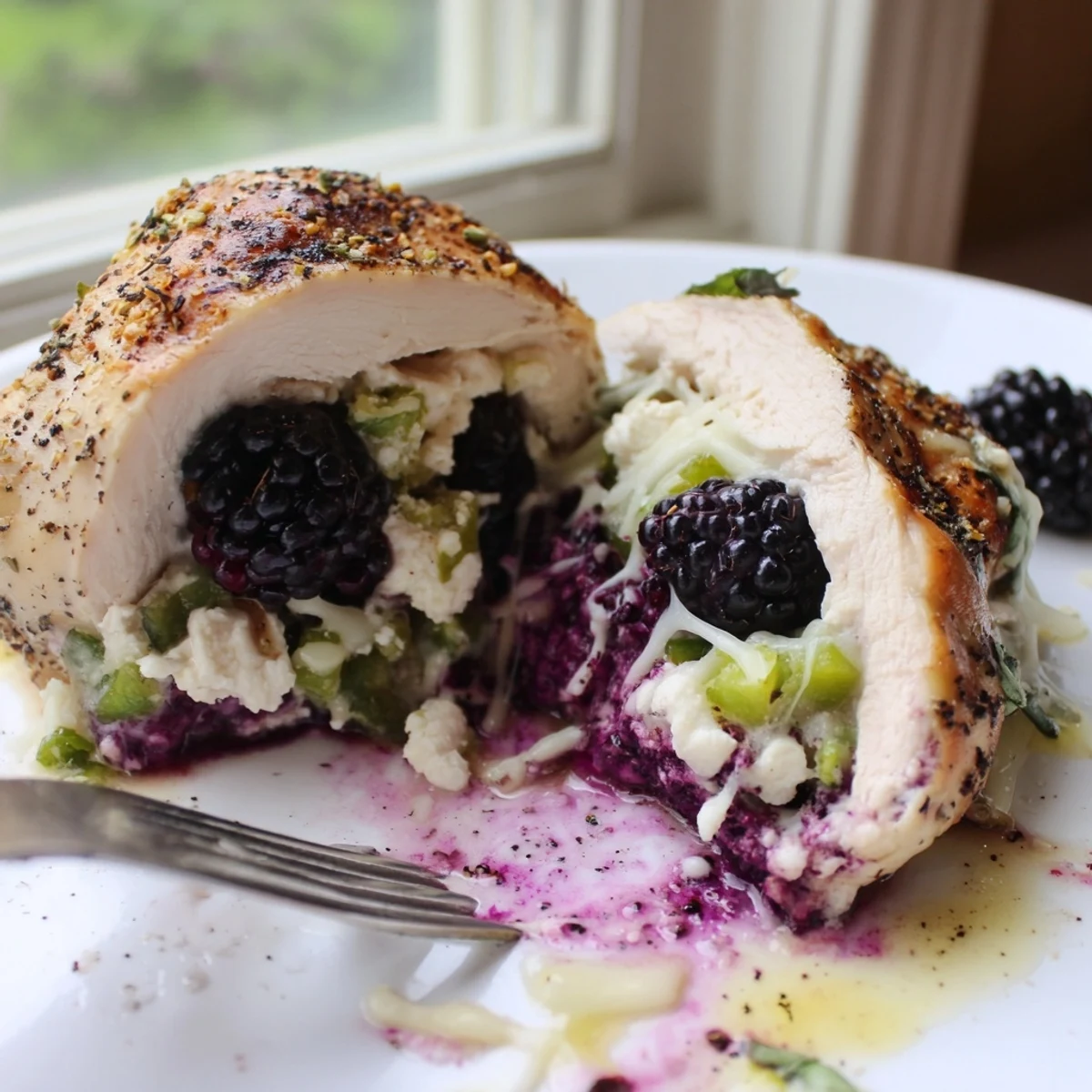 Golden baked blackberry jalapeno stuffed chicken with bubbling melted mozzarella on top