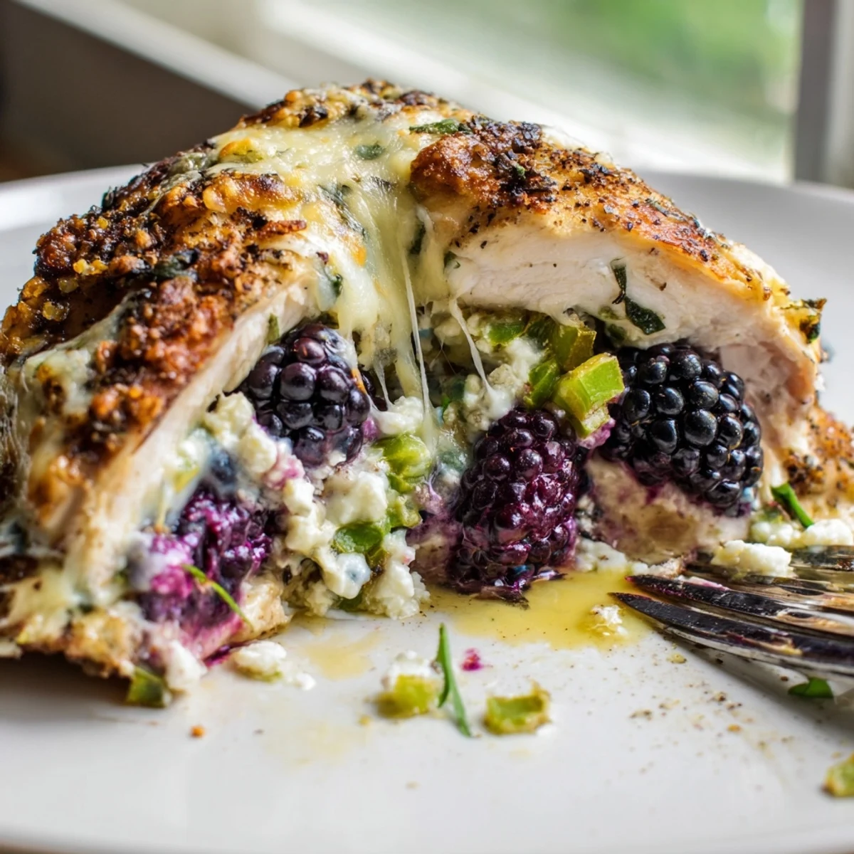 Seared blackberry jalapeno stuffed chicken resting in a baking dish garnished with fresh basil