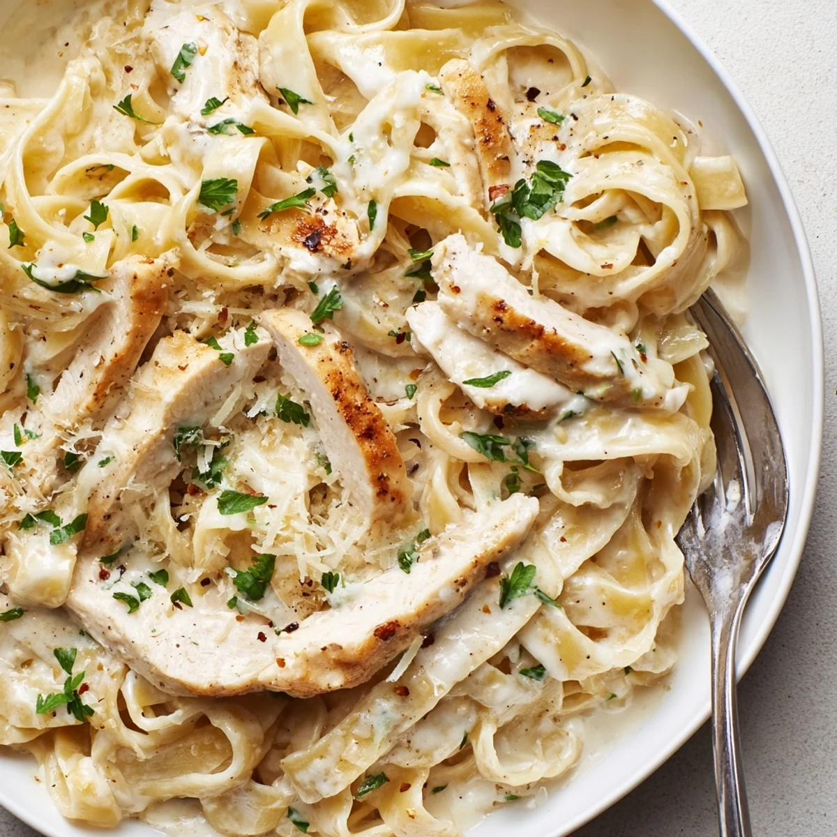 Steaming bowl of Creamy Garlic Parmesan Chicken Pasta coated in silky garlic butter sauce
