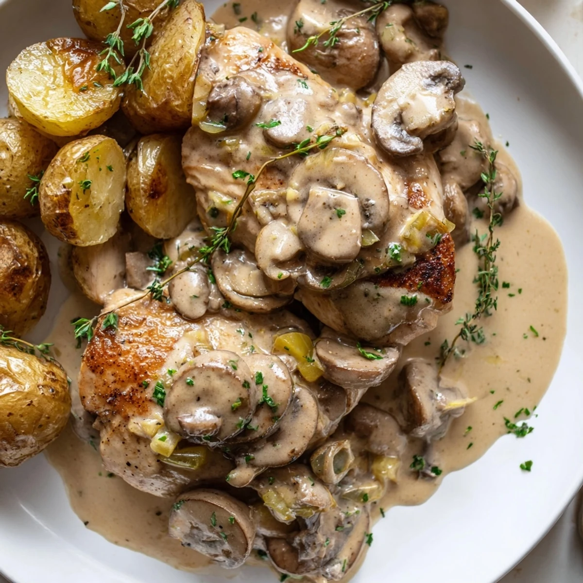 Tender chicken breasts smothered in creamy mushroom sauce with golden herb-roasted potatoes