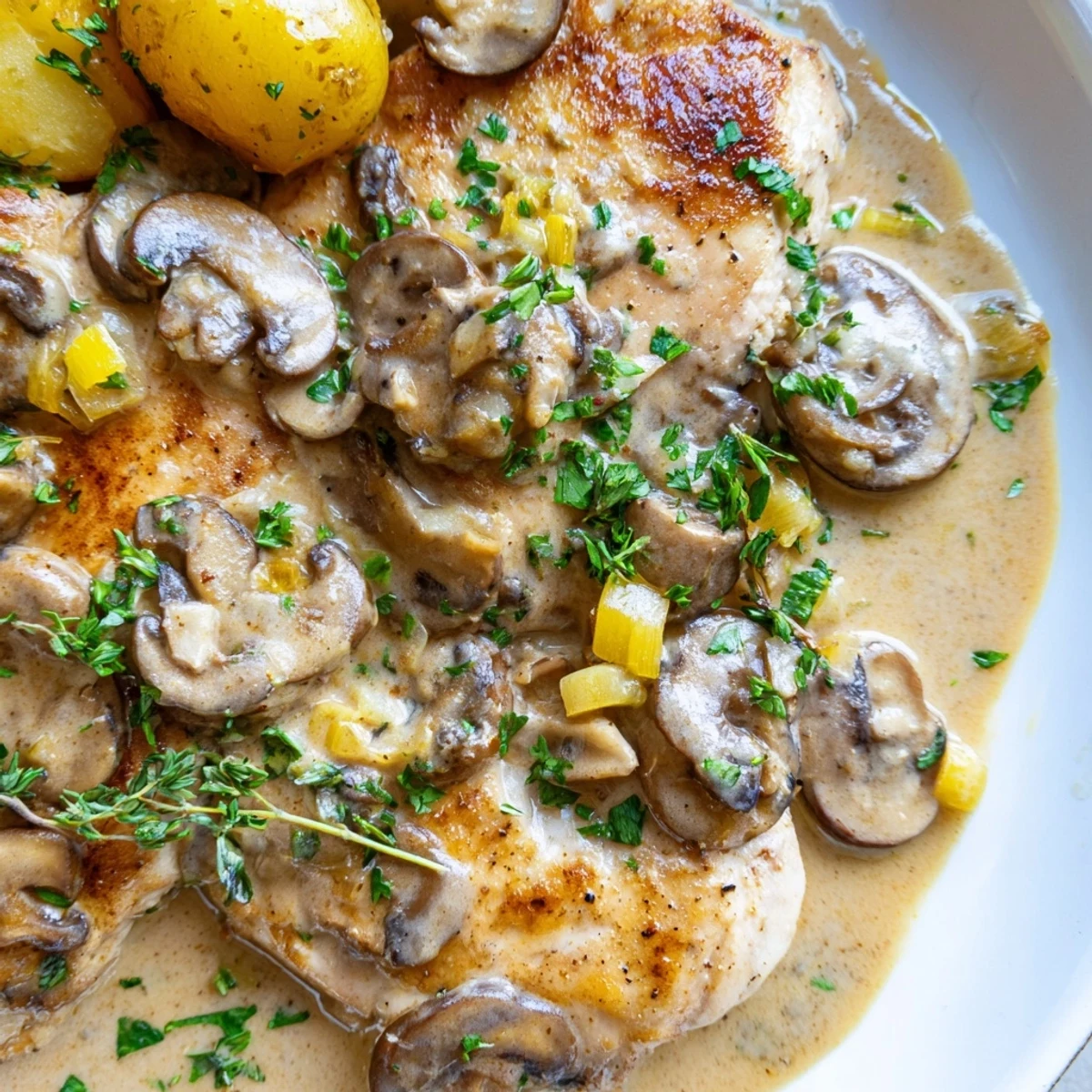 Juicy seared chicken in velvety mushroom cream sauce paired with crunchy herb potatoes