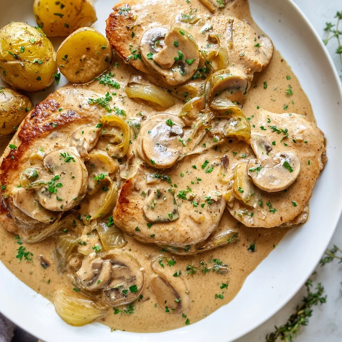 Creamy mushroom chicken served on a rustic plate beside crispy golden potatoes