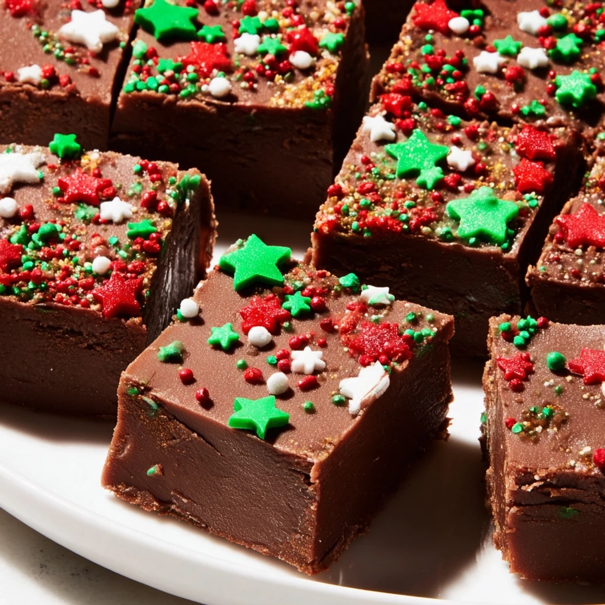 Thick velvety Christmas fudge with sprinkles arranged on a festive serving platter