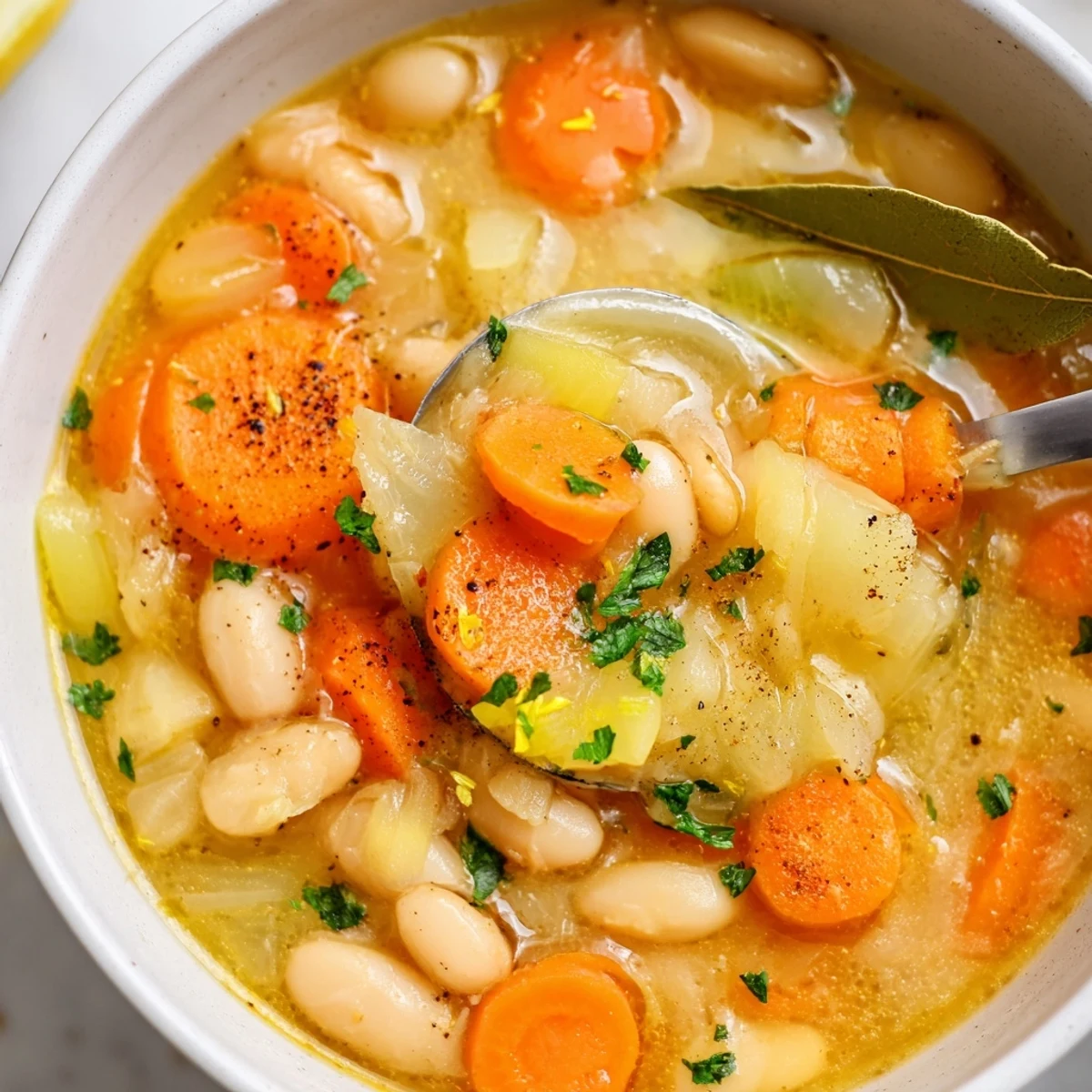 A rustic spoon lifts tender carrots and plump butter beans from a bowl of rich brothy carrot butter bean soup finished with lemon zest and cracked pepper.