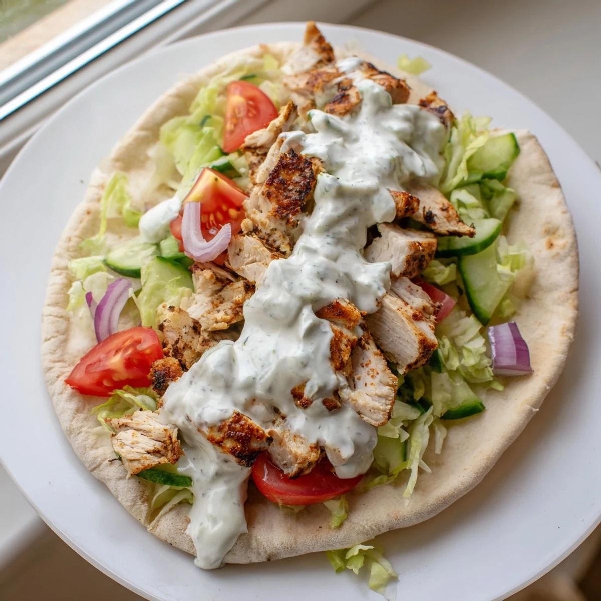Warm flavor packed chicken pitas with spiced meat, crisp veggies, and creamy yogurt sauce