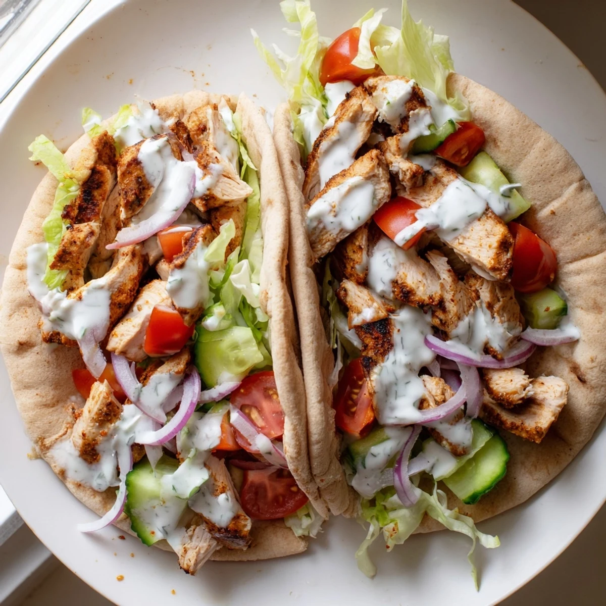 Juicy marinated chicken overflowing from toasted pita pockets drizzled with cool herb yogurt sauce