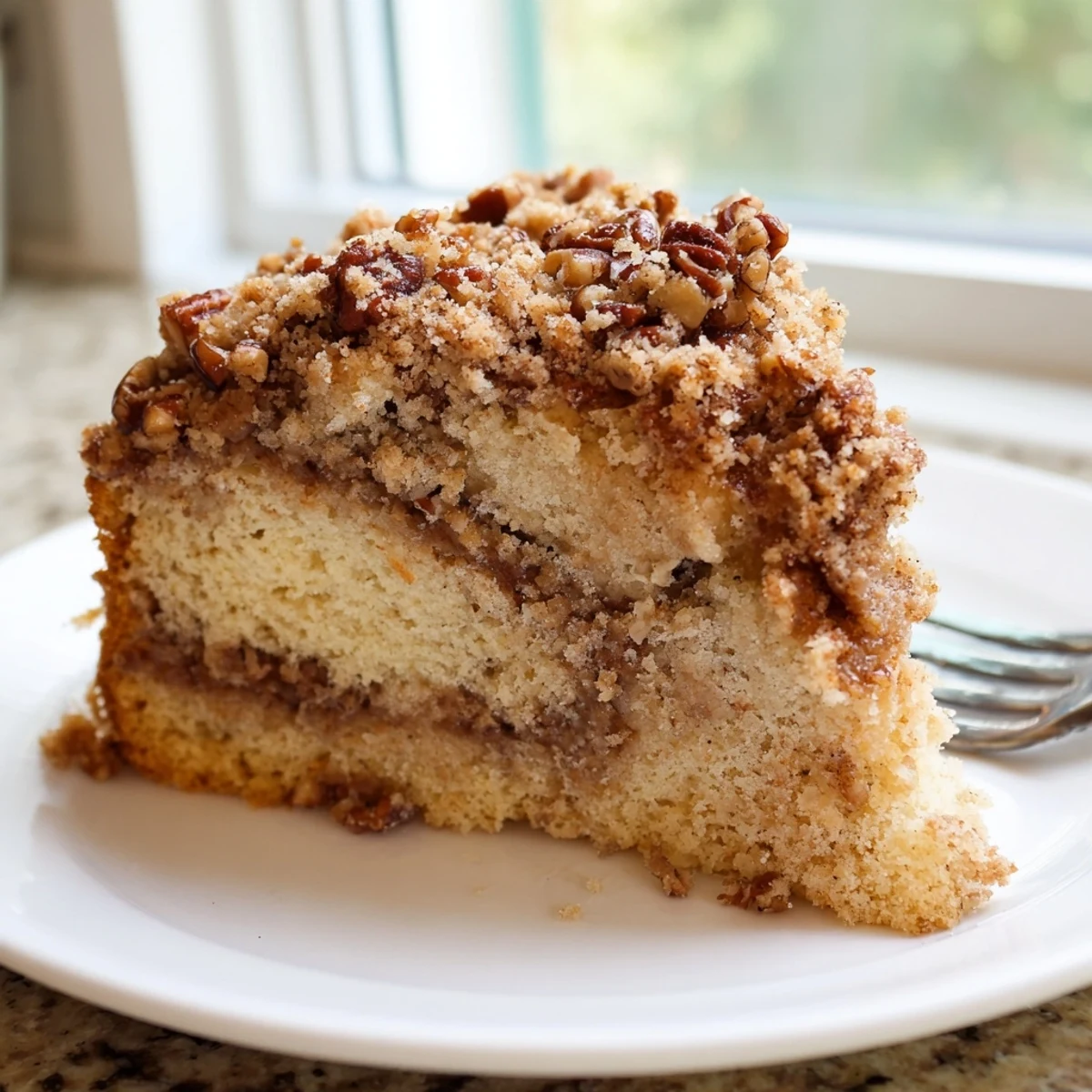 Warm slice of Cinnamon Pecan Crunch Coffee Cake topped with toasted pecan crumbs