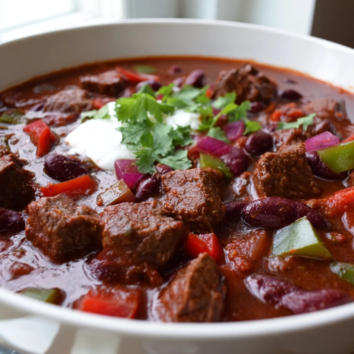 Thick beefy chili stew loaded with tender beef chunks beans and rich tomato broth