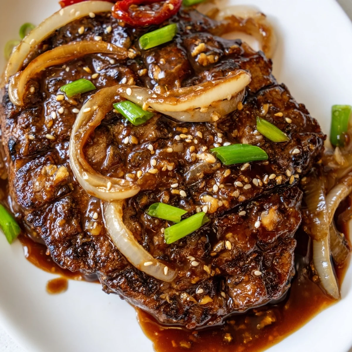 Juicy seared Asian inspired cube steak topped with sesame seeds and green onions on white rice