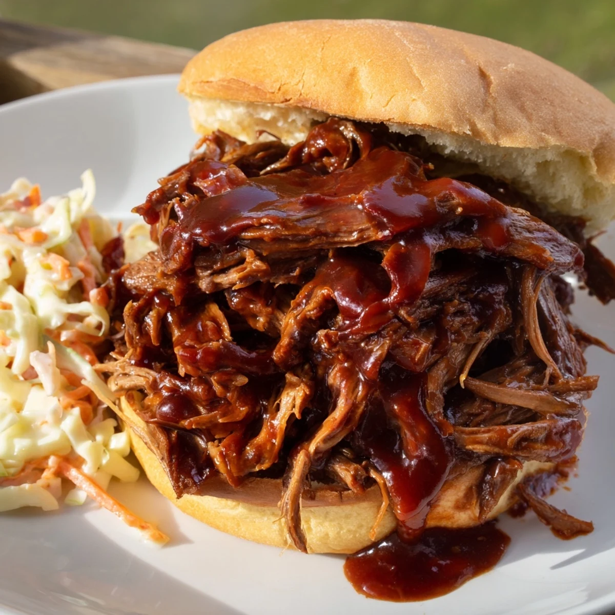 Hearty Slow Cooker BBQ Pulled Beef fork-tender and smothered in rich barbecue gravy